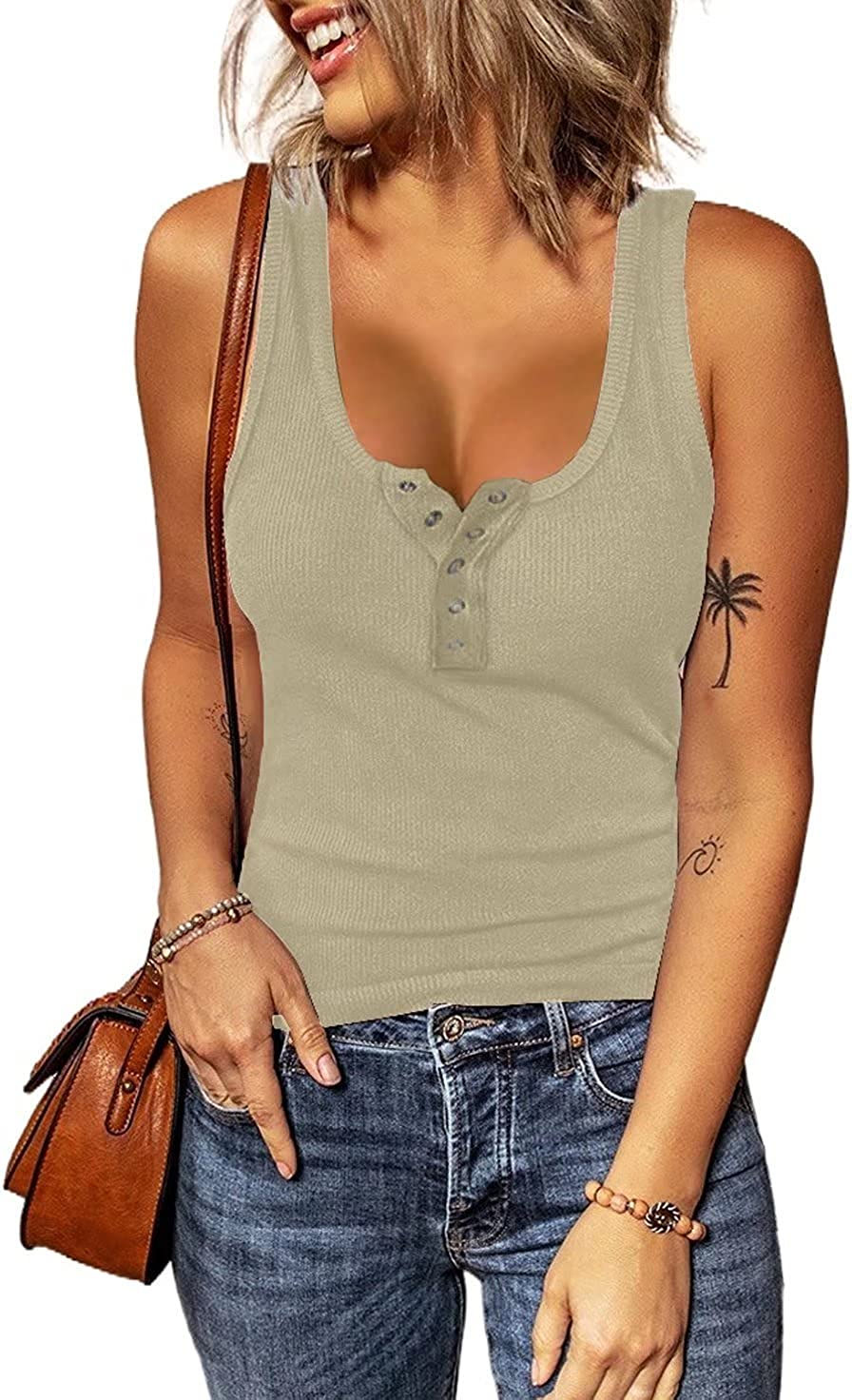 Thumbnail: Zecilbo Women's Ribbed Scoop Neck Button Sleeveless Top Shirts Slim Fitted Henl