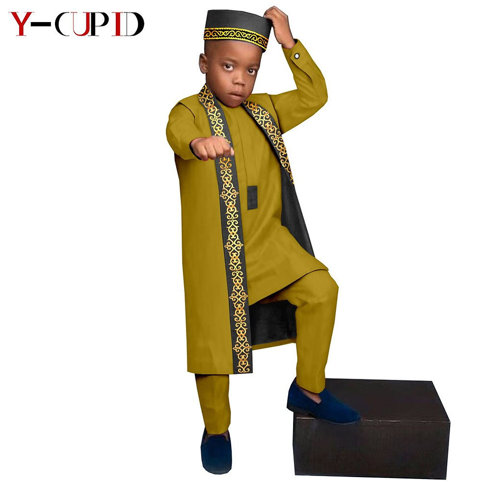 Thumbnail: African Clothes for Kids Bazin Riche Boys Outfits Tee + Pants + Long Vest + Cap