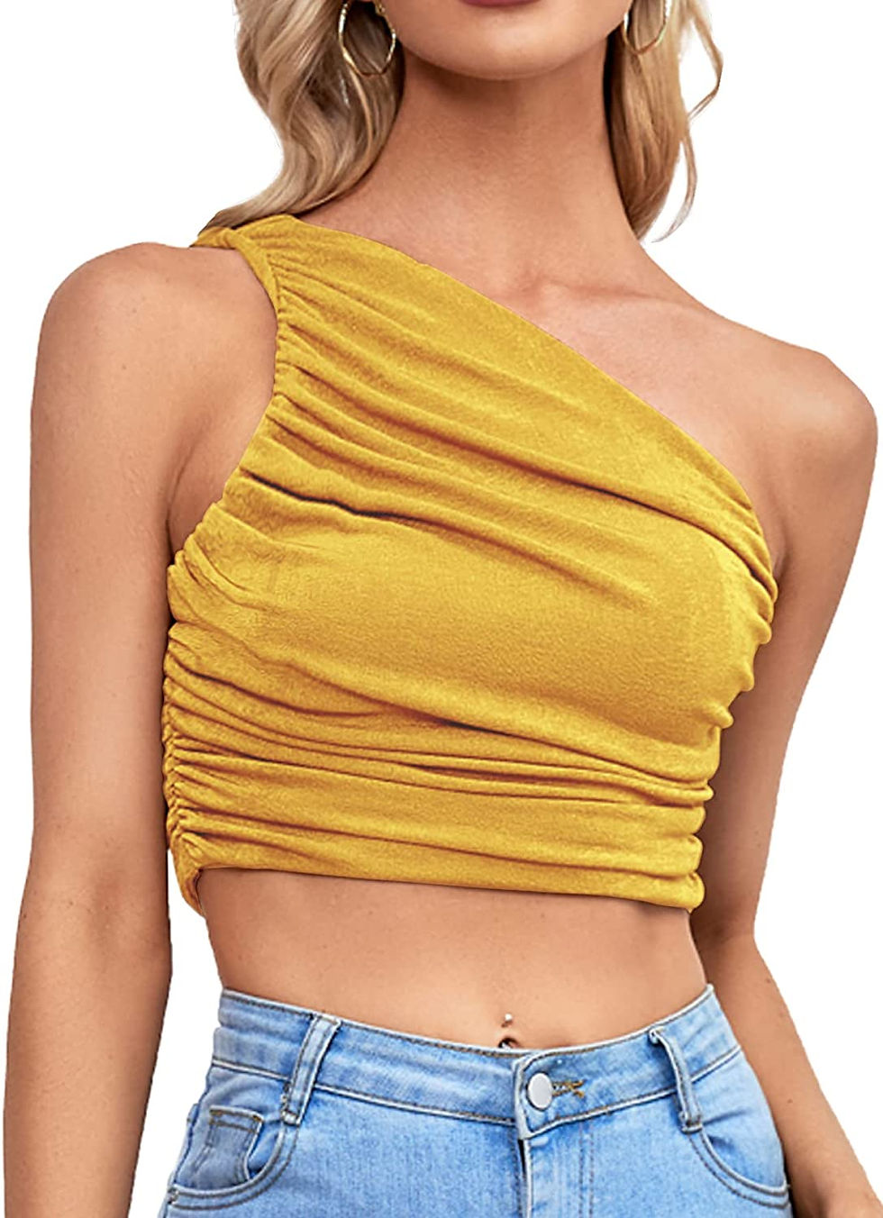 Thumbnail: LYANER Women's Sexy Ruched One Shoulder Sleeveless Crop Top Strappy Cami Tank
