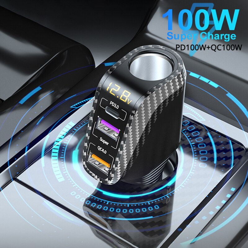 Miniaturbild: BUVAYE Car Charger Cigarette Socket 90W LED Display Type-C PD20W USB 66W QC 3.0