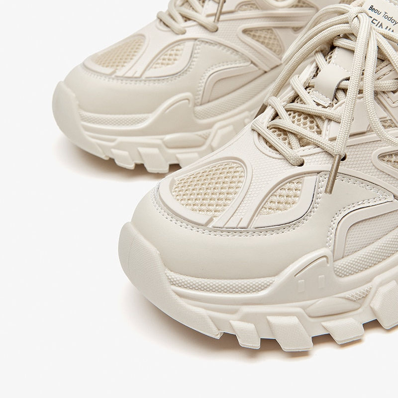 Thumbnail: BeauToday Chunky Sneakers Women Synthetic Leather Mesh Patchwork Round Toe Lace