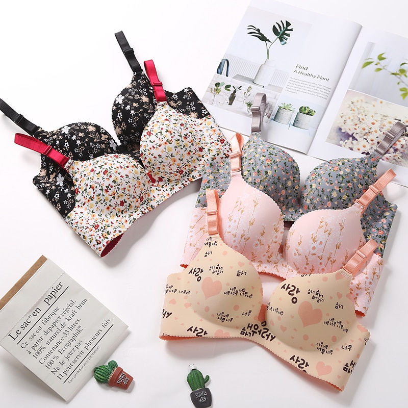 Thumbnail: Women Flower Print Seamless Bra Sexy Lingerie Floral Push Up Bras One-Piece Und