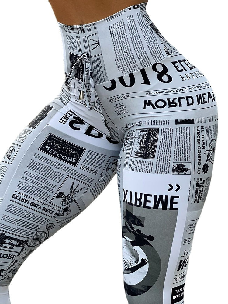 Thumbnail: New Trend Women Newspaper Print Butt Lifting Pants Femme Anime High Waist Skinn
