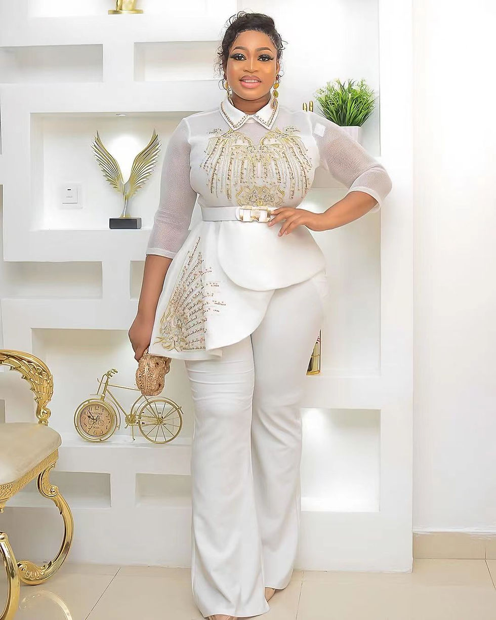 Миниатюра: 2 PCS Set Outfits New Lady Embroidery Diamond Tops Pants Trousers Suits African
