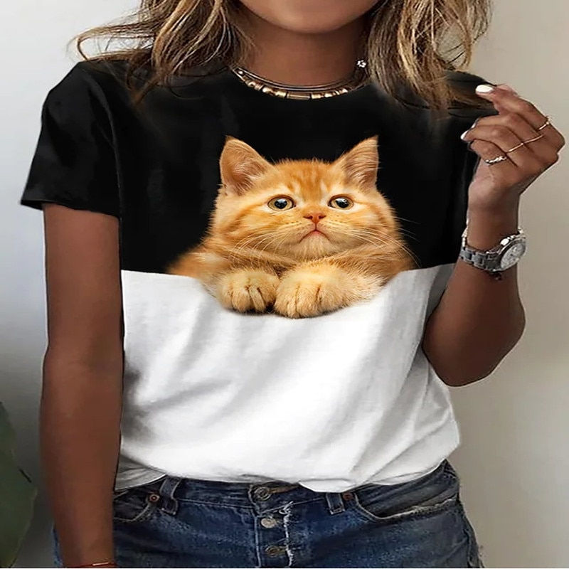 Thumbnail: Animal 3D Print T-shirt Outdoor Fashion Loose Women's Short Sleeve Round Neck T