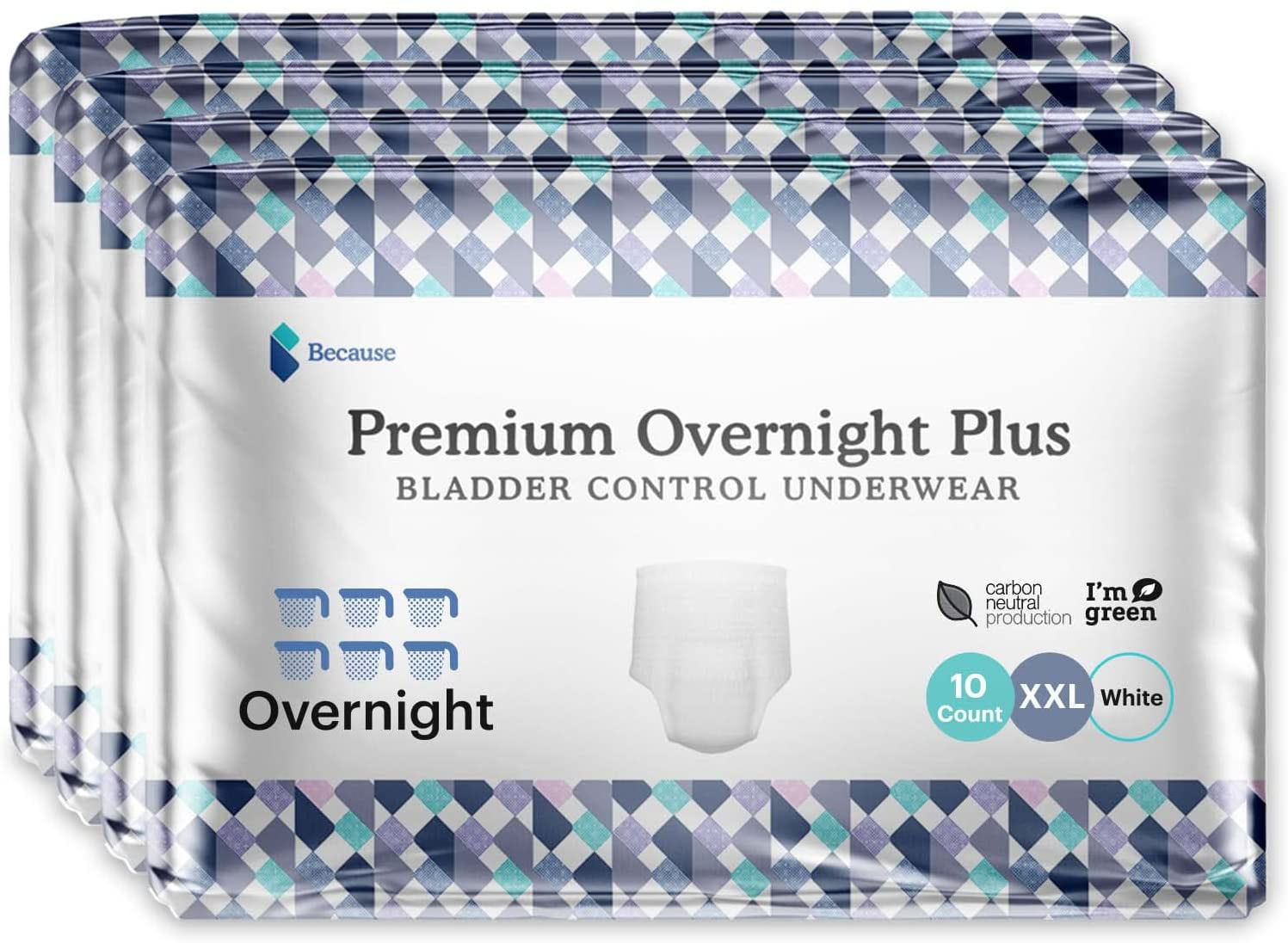 Because Premium Overnight Plus Incontinence Underwear, XX-Large, White, 40 count