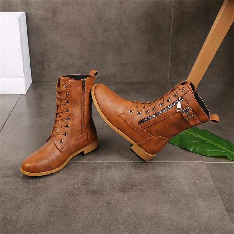 Thumbnail: New Plus Size Retro Women Western Boot Punk Lace Up Buckle Motorcycle Boots Zip