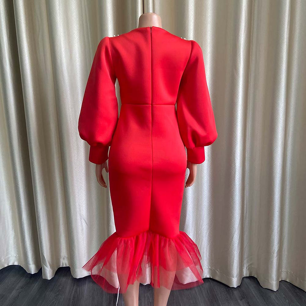 Thumbnail: Puff Sleeve Mesh Patchwork Dinner Dress Bead Dress Evening Dresses