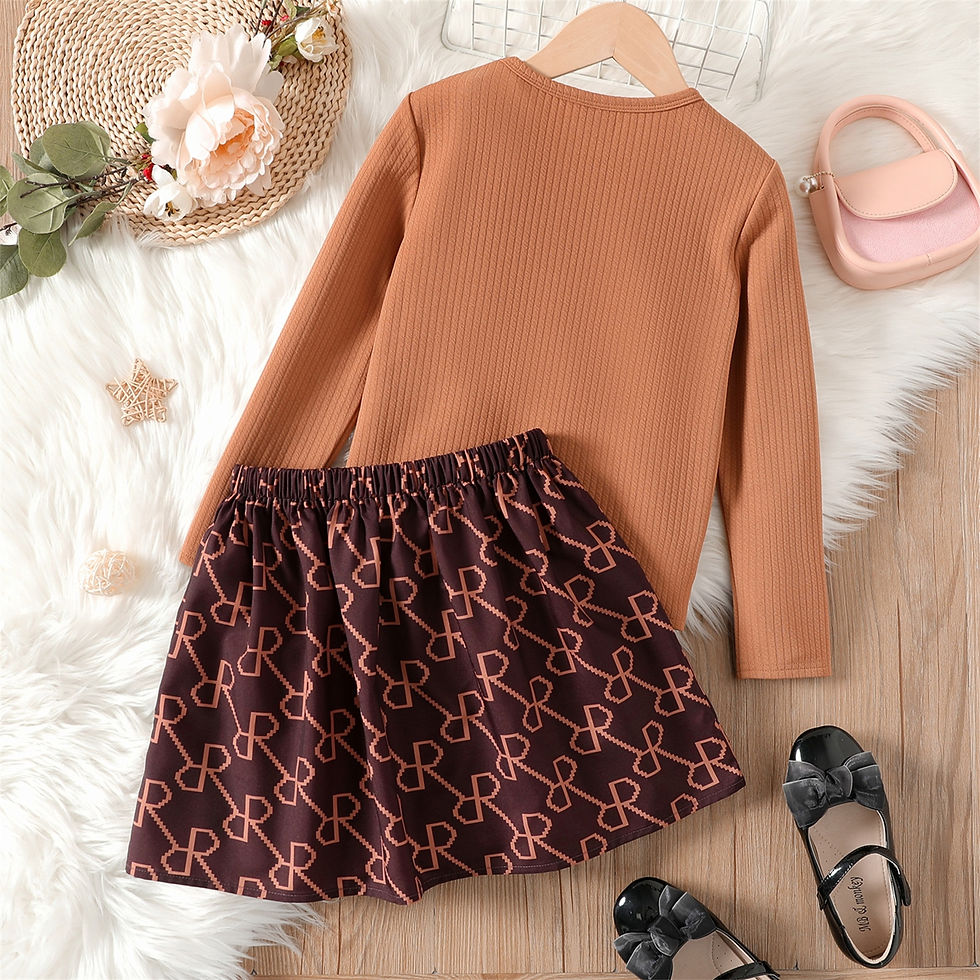 Thumbnail: PatPat 2pcs Kid Girl 3D Bowknot Design Long-sleeve Tee and Allover Print Skirt 