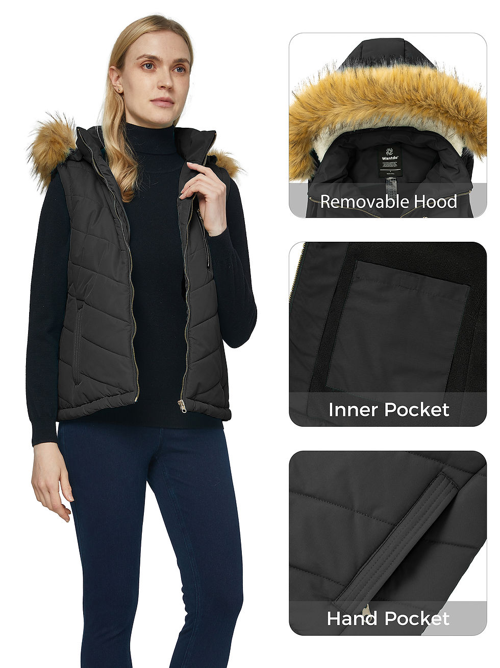 Thumbnail: Wantdo Women's Lightweight Vest Padding with Lambswool Hood Vest Black XL