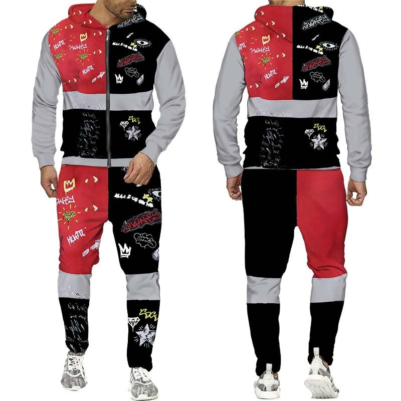 Thumbnail: New Men's Tracksuits 2 Piece Set Casual Patchwork 3D Print Hoodie/Zipper Sweats