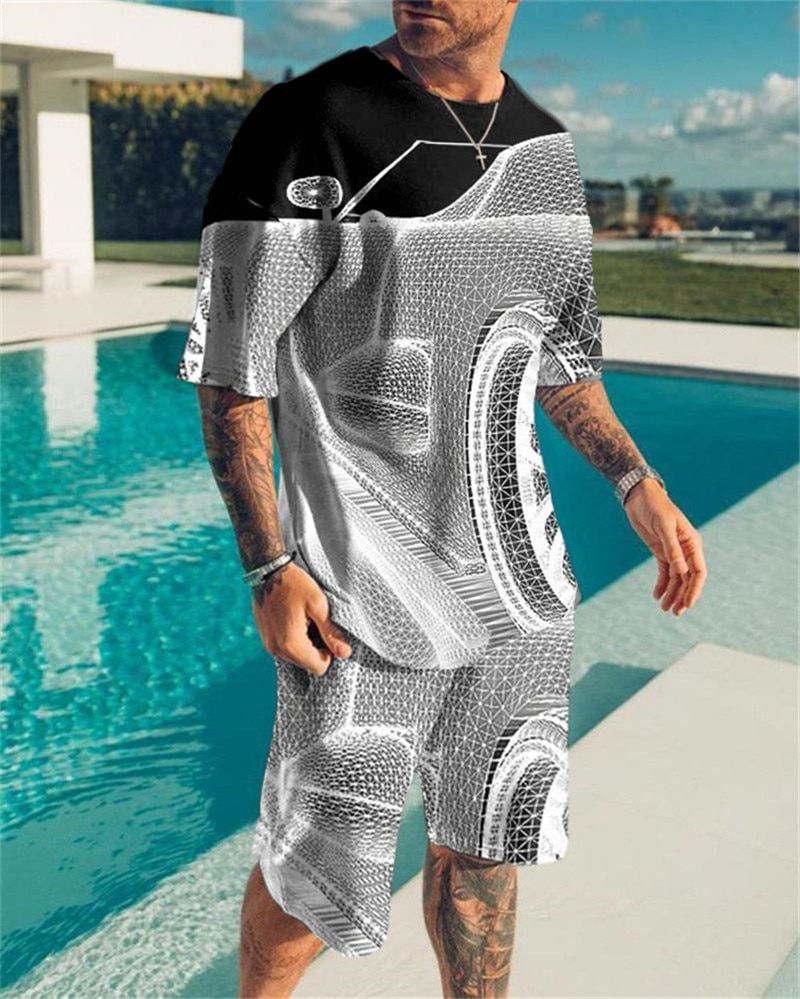 Thumbnail: Summer Men's Suit Short Sleeve T-Shirt Suit Print Tai Chi Pattern 3D Sportswear