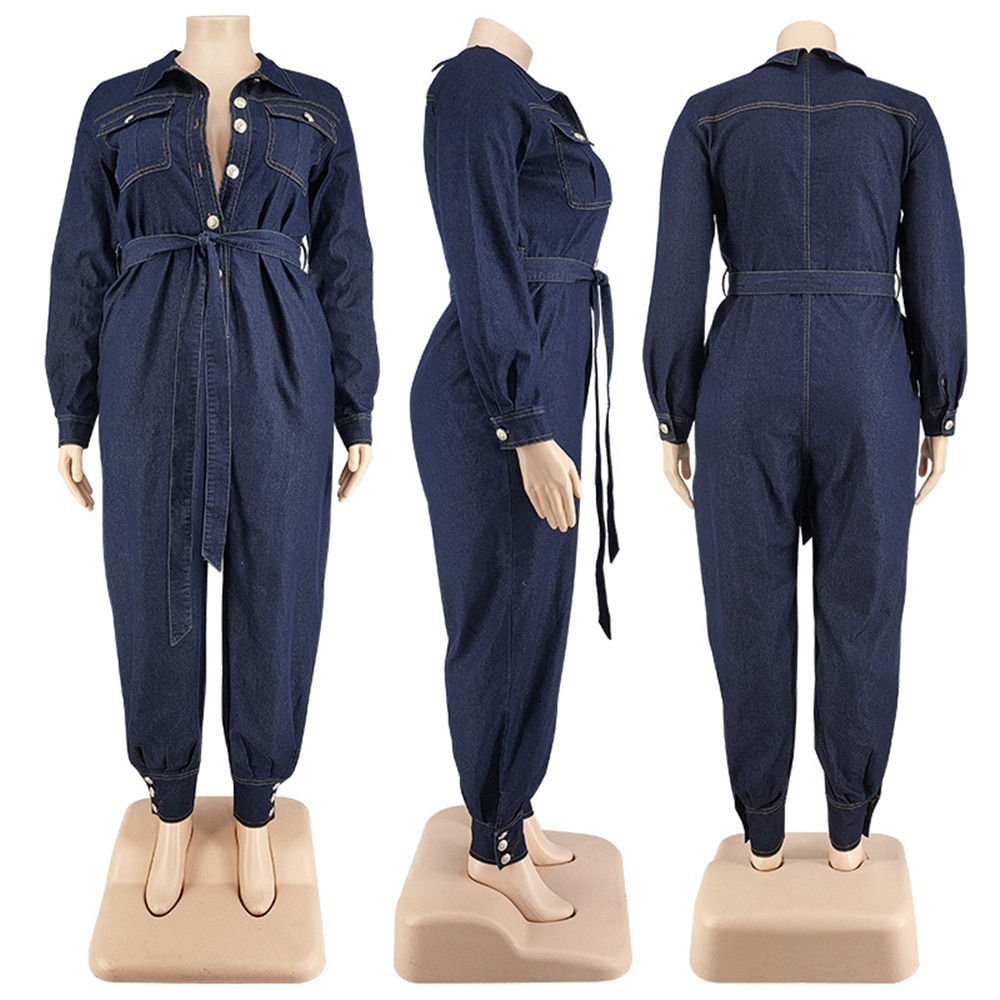 Plus Size Clothes Street Wear Cowboy Jumpsuits Turn Down Collar Long Sleeve Poc
