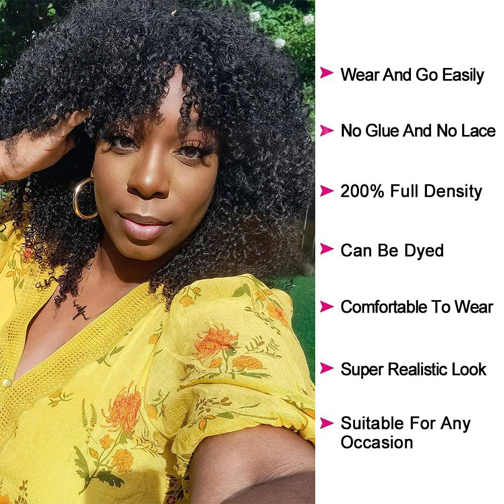 Afro Kinky Curly Human Hair Wigs With Bangs 200% Density Brazilian Remy Human H