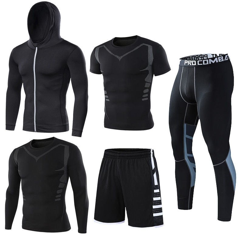 Thumbnail: Mens Compression Sportswear Set Gym Running Sport Clothes Tight T-shirt Lycra L
