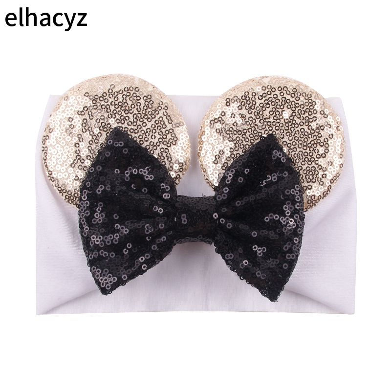 الصورة المصغرة: Classic Mouse Ears Velvet Head Wrap 5'' Sequins Bow Turban Girls Glitter Elasti