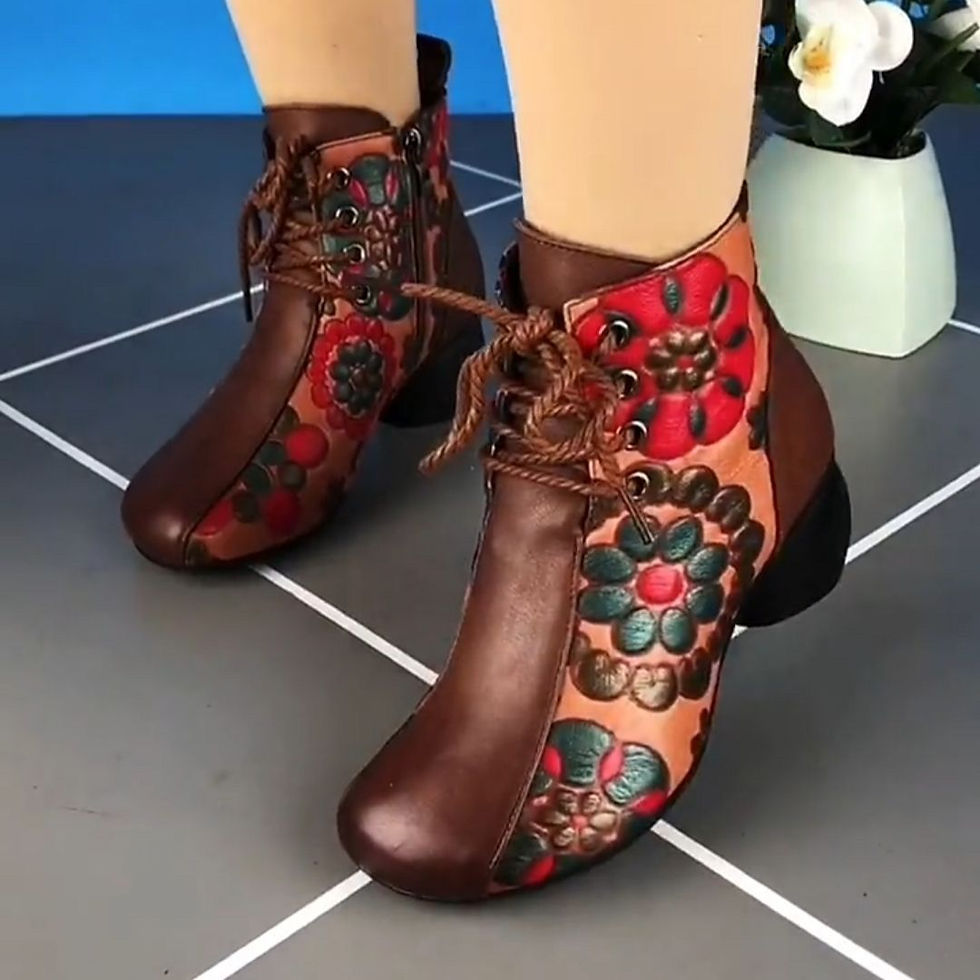 Thumbnail: Retro Women Ankle Boots Winter Pu Leather Flower Ethnic Booties Side Zipper boo