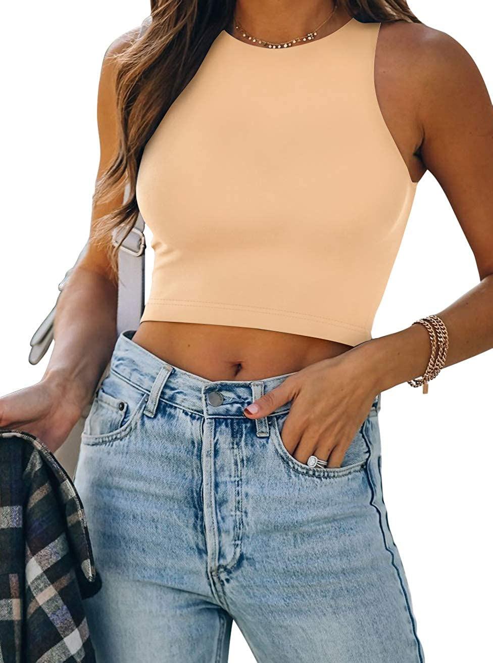 Thumbnail: REORIA Women’s Sexy Sleeveless Racer Back Tank Tops Halter Neck Crop Tops