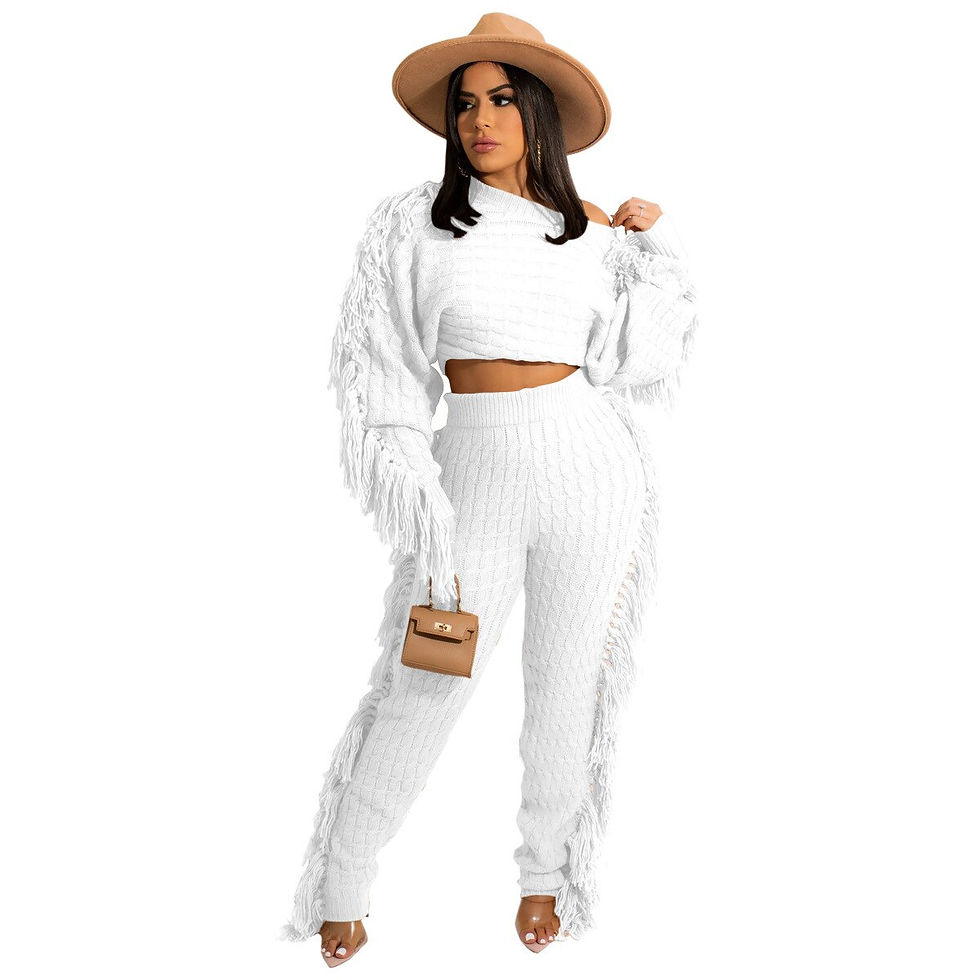 Thumbnail: Solid Tassel Fringe Patchwork Short Sweater Top Knitted Two piece Set Pants Set