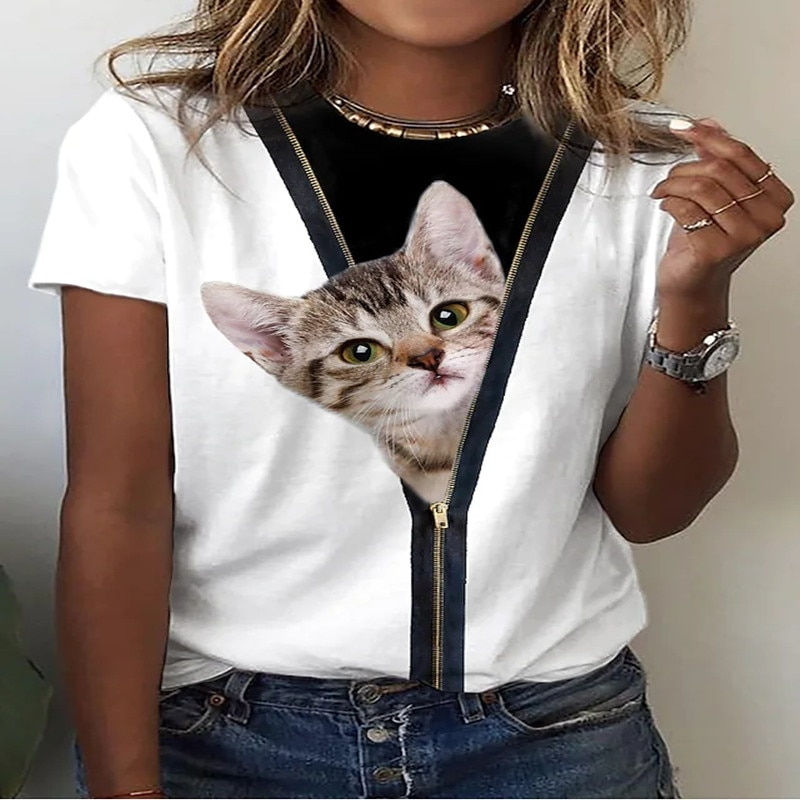 Thumbnail: Animal 3D Print T-shirt Outdoor Fashion Loose Women's Short Sleeve Round Neck T