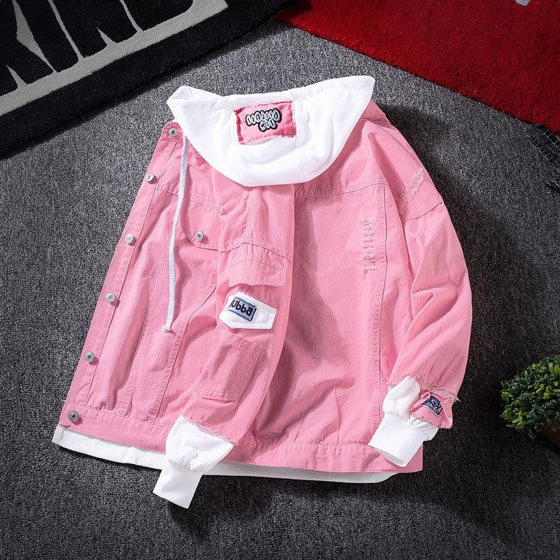الصورة المصغرة: Spring 2020  Red Pink Black Jeans Jacket Men Slim Streetwear Ripped Denim Jacke