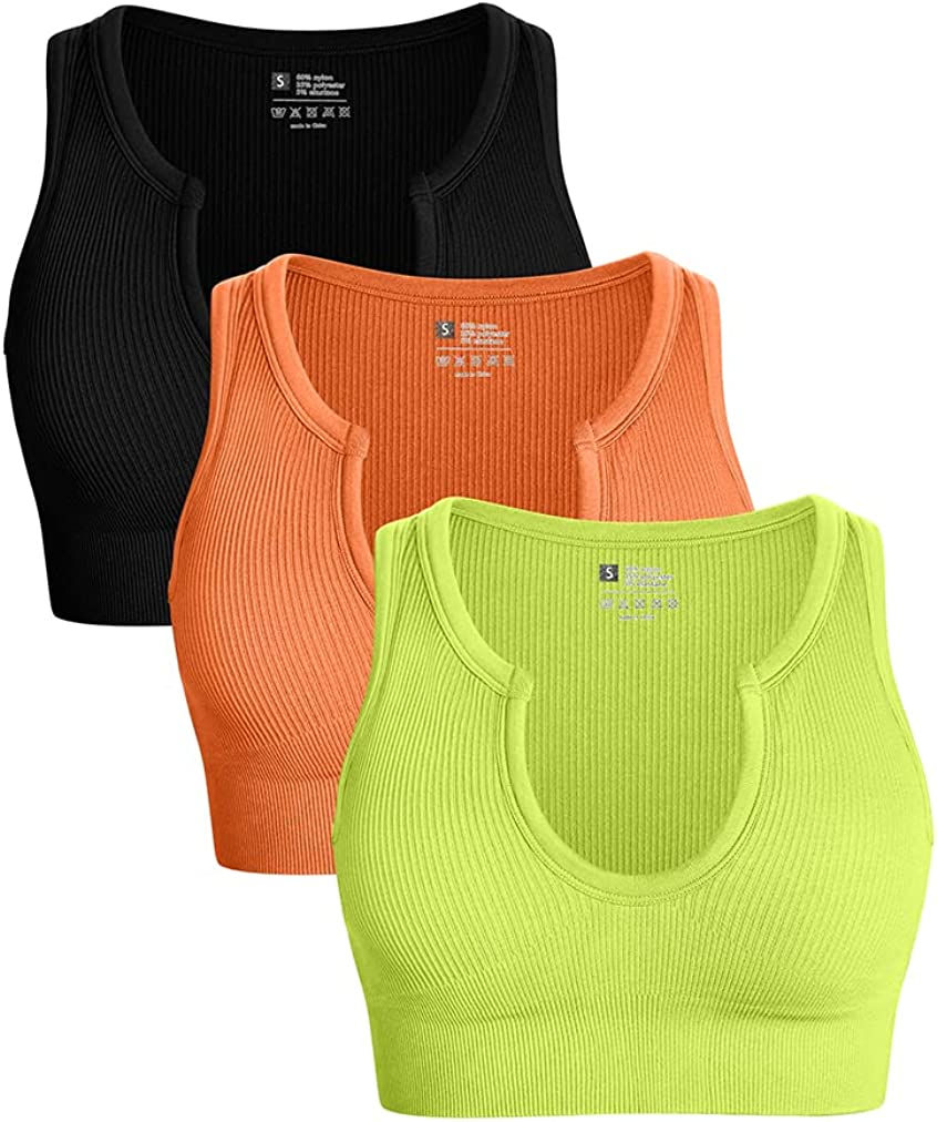 Thumbnail: OQQ Women's 3 Piece Medium Support Crop Top Seamless Ribbed Removable Cups Work