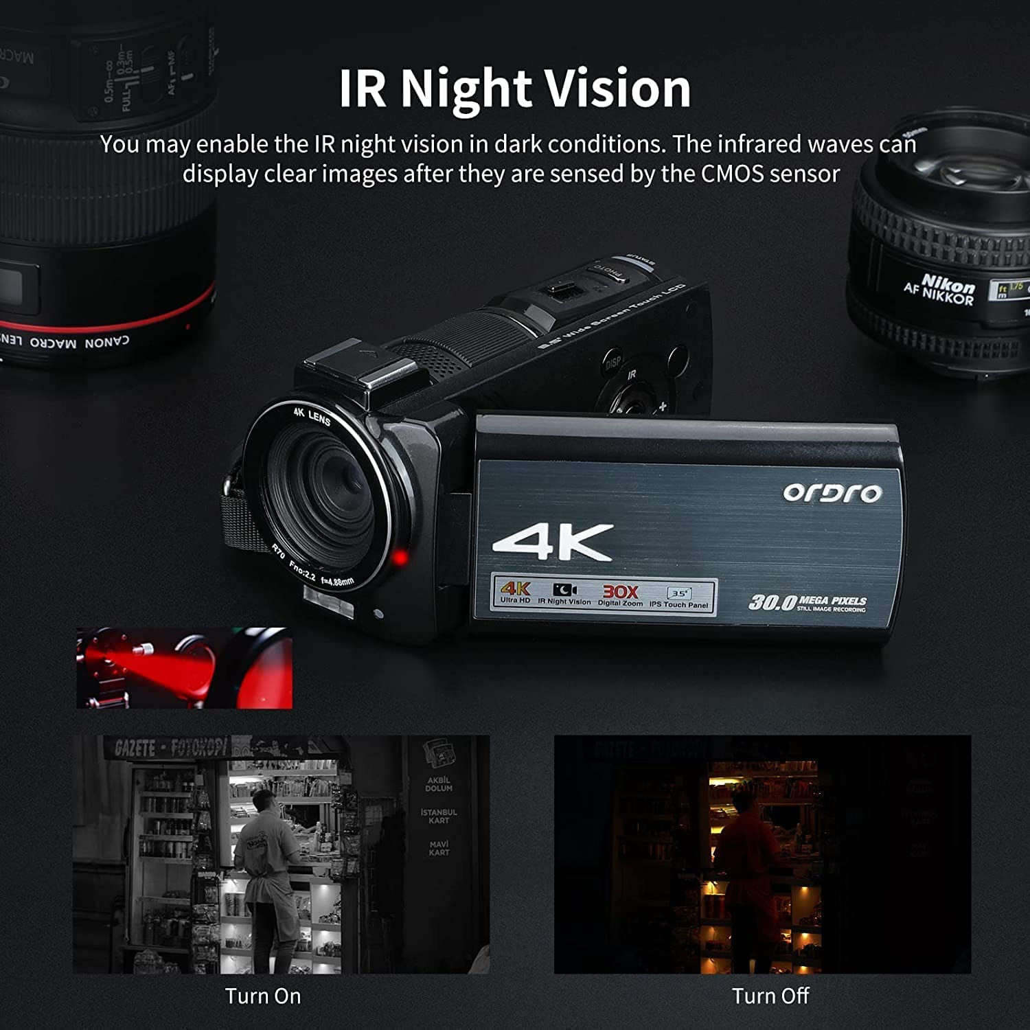 4K Camcorder Video Camera Ordro AX10 HD 30MP 60FPS 30X Digital Zoom Vlog Camera
