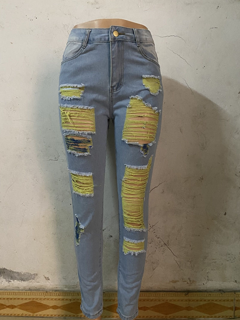 Thumbnail: New Ripped Jeans For Women Yellow Scratch Denim Pencil Pants High Waisted Stret
