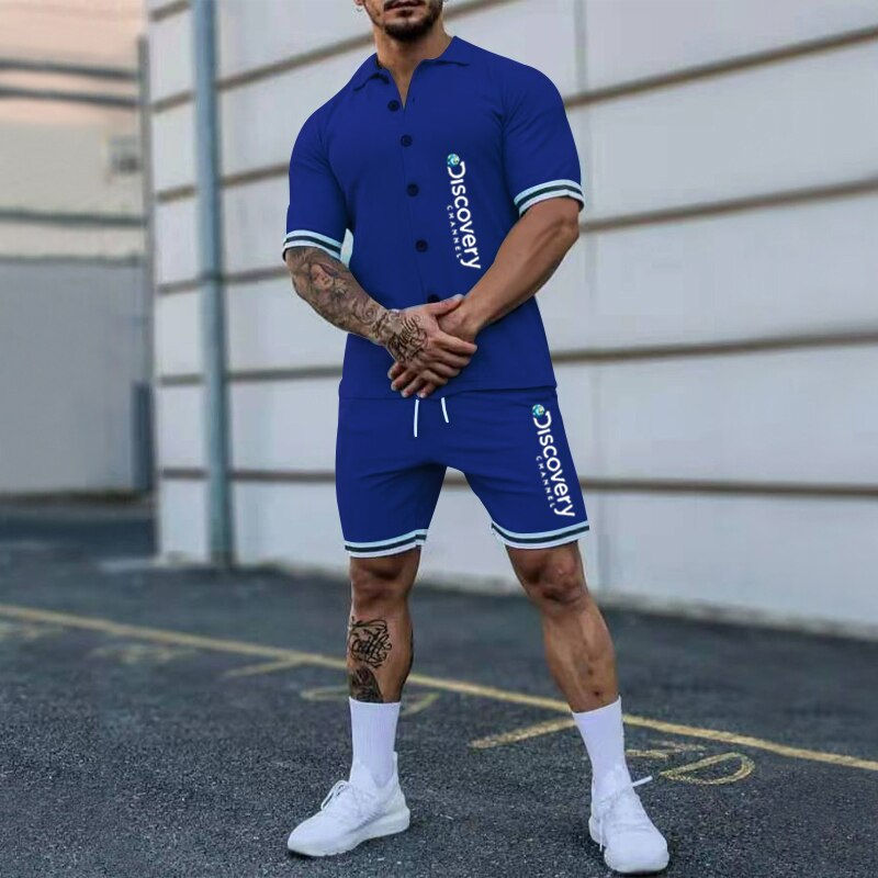 Thumbnail: Summer Men's New Solid Color Lapel Button Down Sports Short Sleeve Shorts Set M