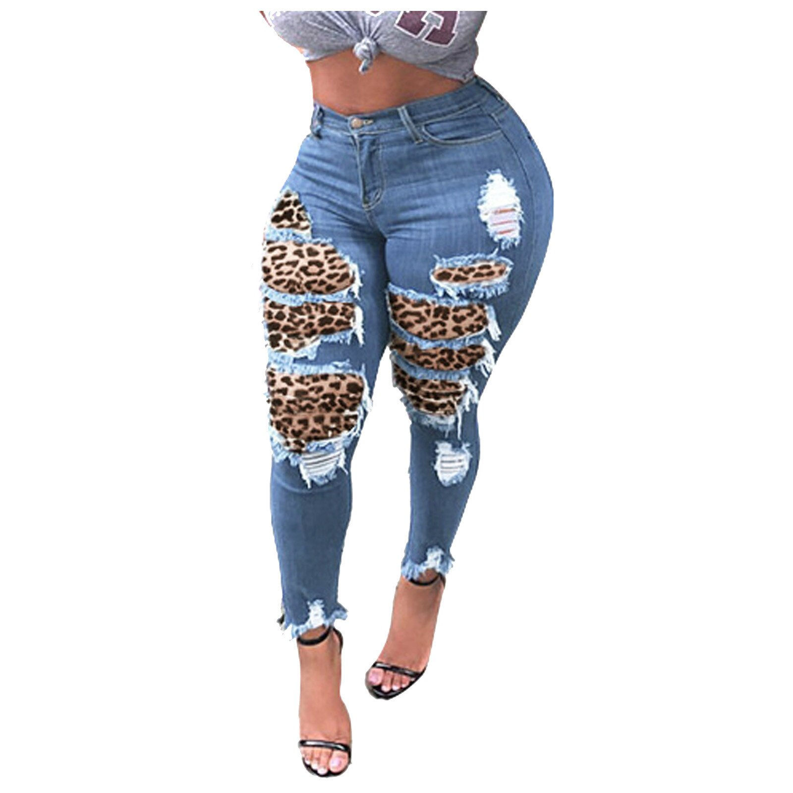 S-XXXL New Four seasons ladies high waist ripped leopard print slim jeans trous