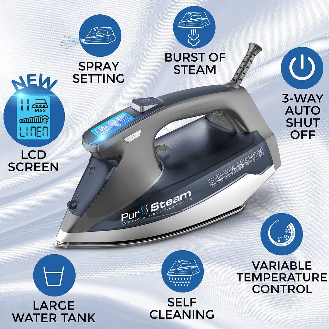 PurSteam Professional Grade 1800-Watt Steam Iron with Digital LCD Screen, 3-Way