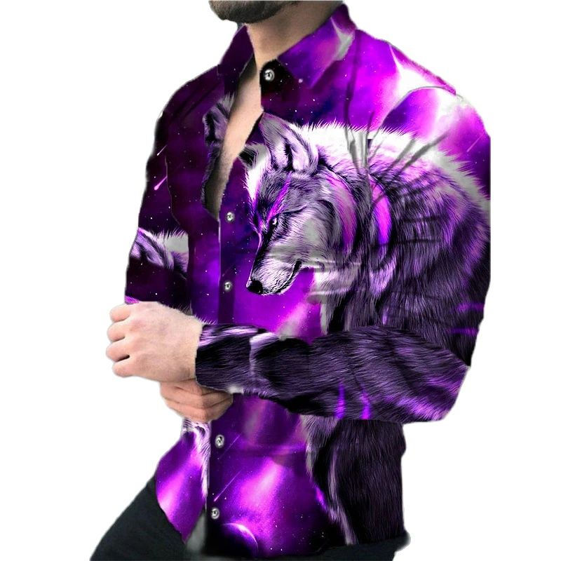 Thumbnail: Fashion Print Shirt Men's Long Sleeve Lion Wolf Graphic Print Tops Harajuku Ani