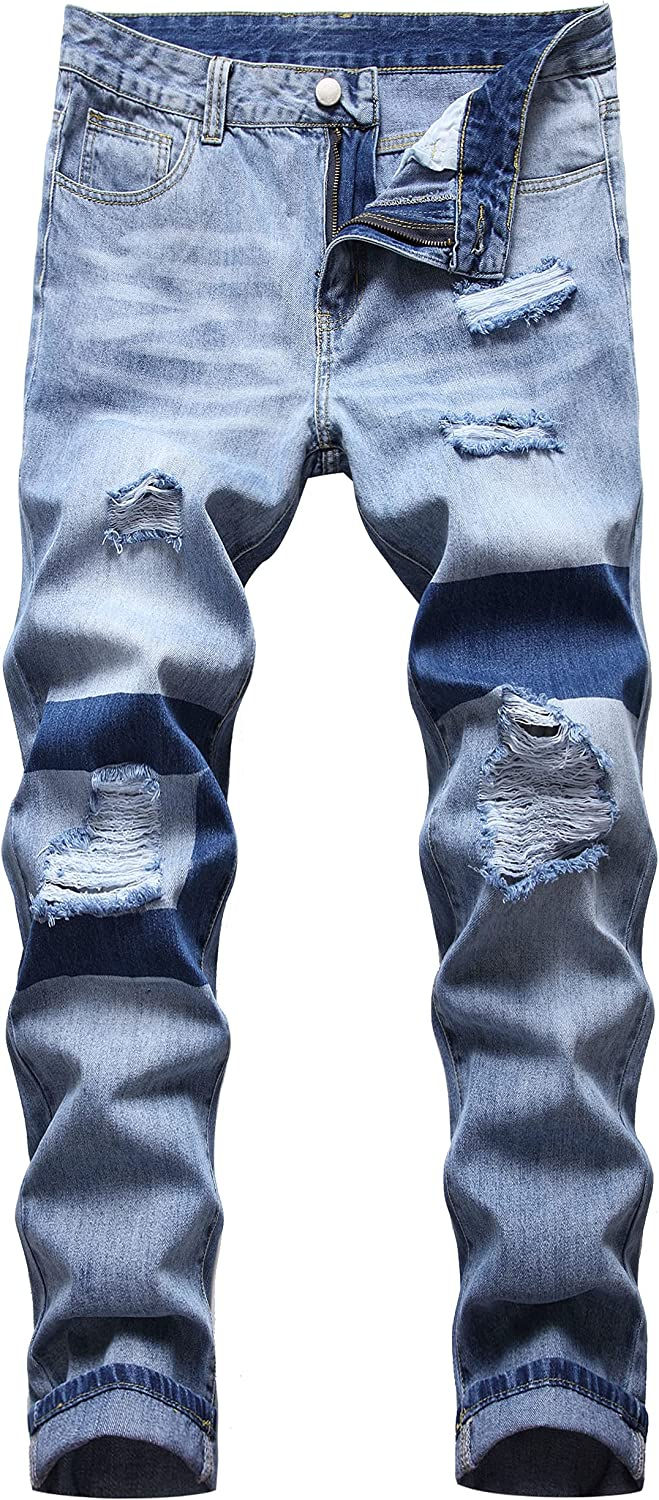 Thumbnail: QIMYUM Mens Ripped Jeans, Distressed Destroyed Slim Fit Straight Leg Denim Pants