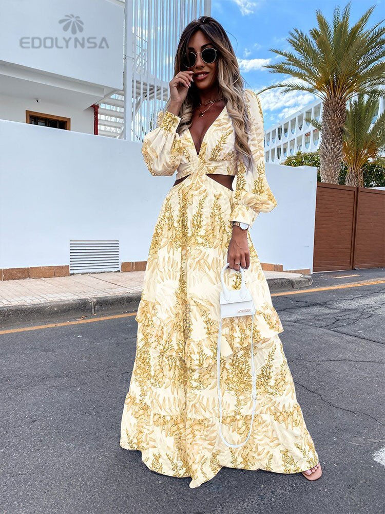 Thumbnail: Women Sexy Maxi Dress 2022 Summer V-Neck Backless Hollow Out Lantern Sleeve Clu