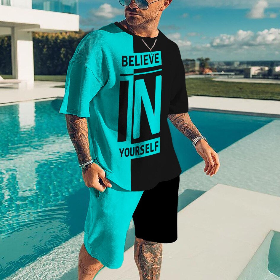 Thumbnail: Fashion Letter Print T-Shirts Summer Casual O-neck Short Sleeve Tee Shorts 2 Pi