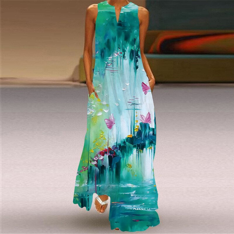 Thumbnail: Fashion Style Vintage Printing Women Sundress Summer V-neck Sleeveless Long Dre
