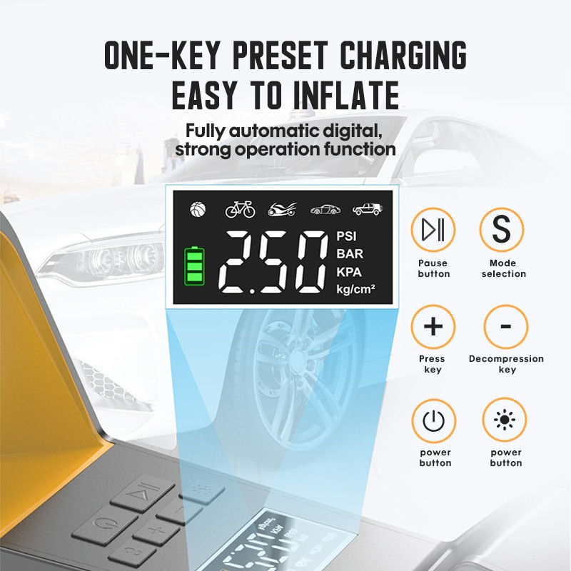 Thumbnail: Portable Car Tire Inflator Pump Car Air Compressor 12V Electric Inflator Digita