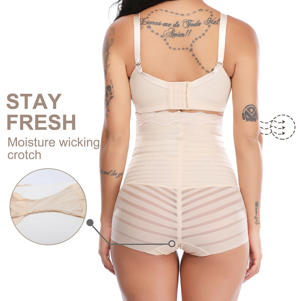 Thumbnail: QRIC Lace Stripe High Waist Compression Tummy Control Panties Shapewear Thong f