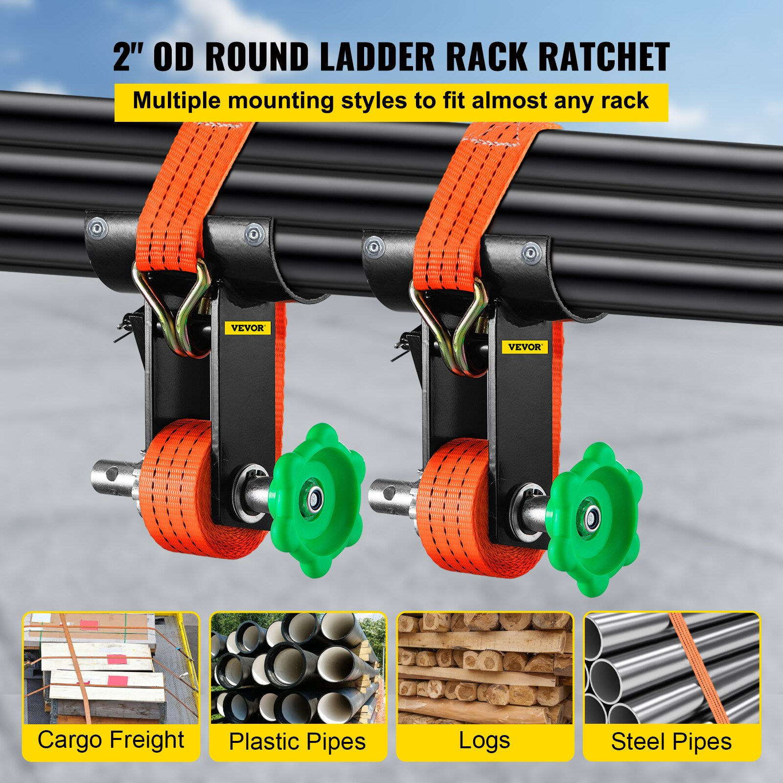 VEVOR Heavy-Duty 100 lb Capacity 2” Round Pipe Steel Ratchet Ladder Rack Tube 2