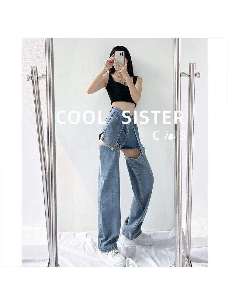 Миниатюра: Vintage High Waist Harajuku Style Blue Ripped  Jeans Pants Korean Fashion Women