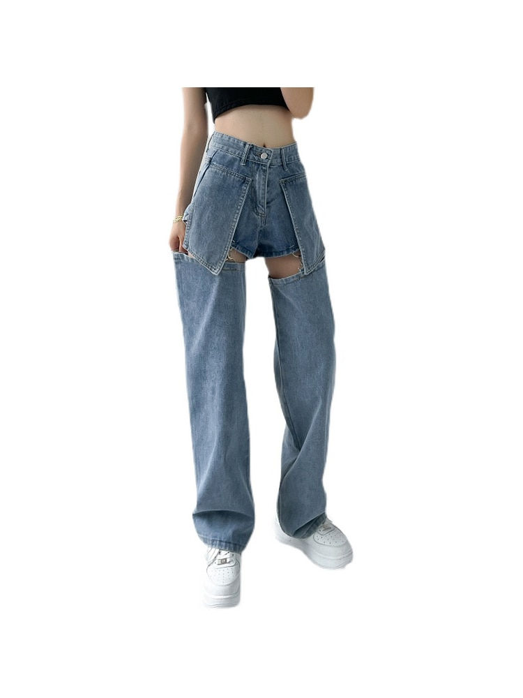 Миниатюра: Vintage High Waist Harajuku Style Blue Ripped  Jeans Pants Korean Fashion Women