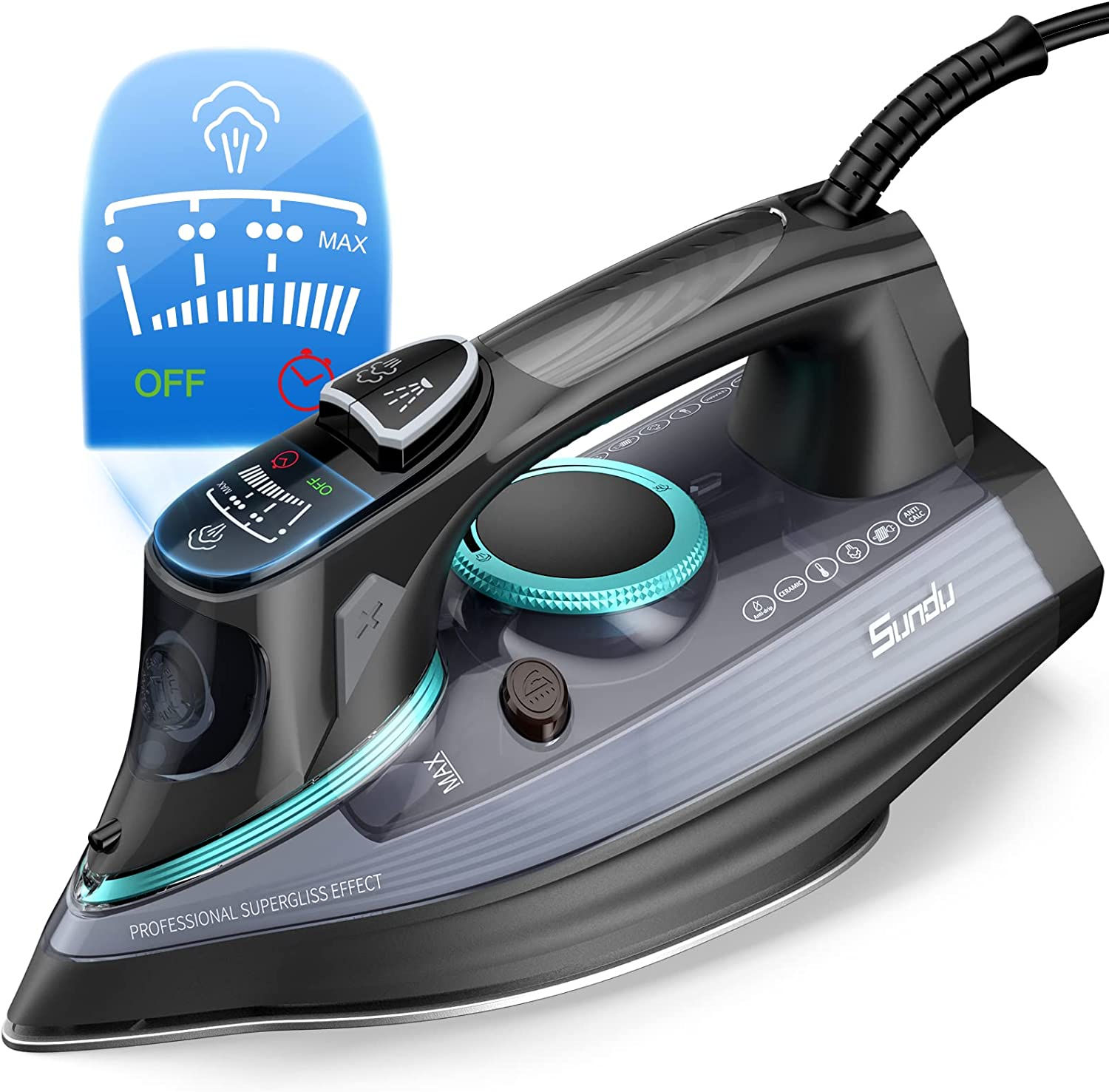 Sundu 1700-Watt Steam Iron with Digital LED Screen, Ceramic Coated Soleplate, A