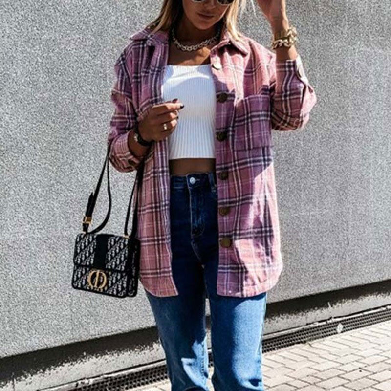 Thumbnail: Autumn Women Long Winter Checkered Women Loose Female Shirt Jackets for Women