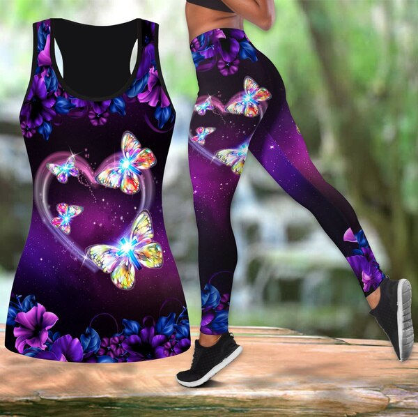 Thumbnail: 4 Styles 3D Butterfly Flower Print Yoga Suit Sports Combo Tank Tops Yoga Leggin