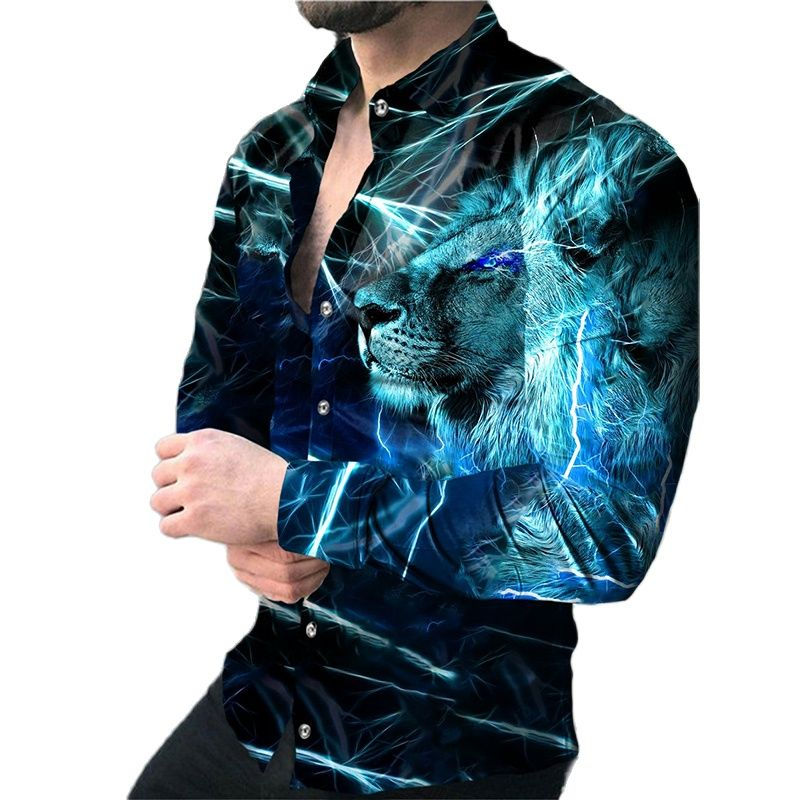 Thumbnail: Fashion Print Shirt Men's Long Sleeve Lion Wolf Graphic Print Tops Harajuku Ani