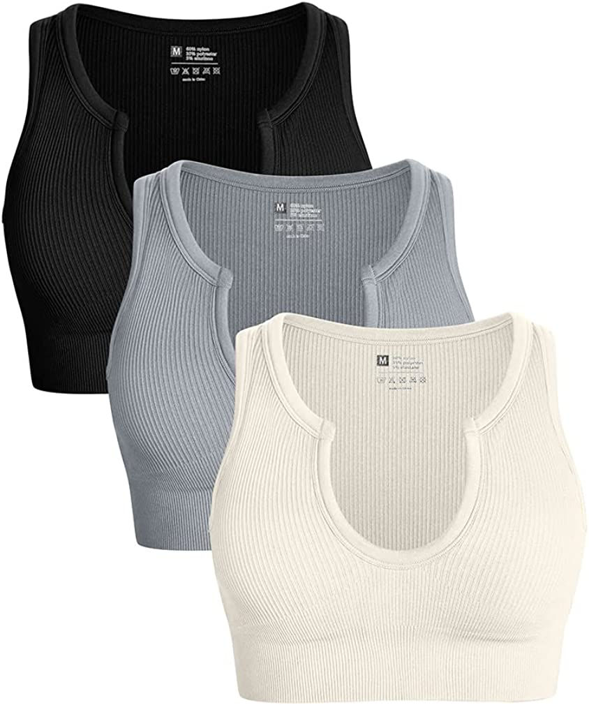 Thumbnail: OQQ Women's 3 Piece Medium Support Crop Top Seamless Ribbed Removable Cups Work