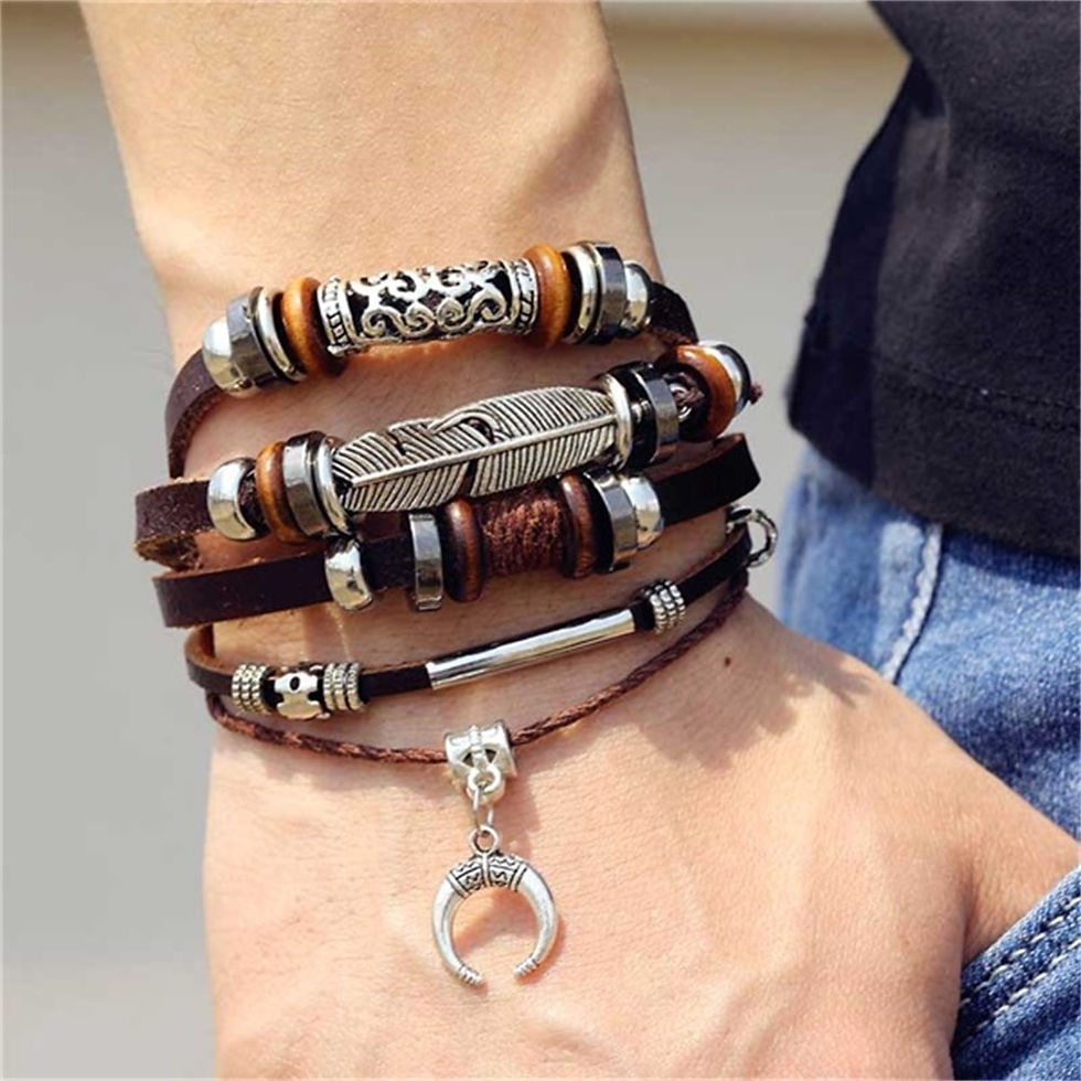 Thumbnail: Vinatge Gothic Punk Moon Star Metal Multilayer Leather Bracelet Men Leaf Bracel