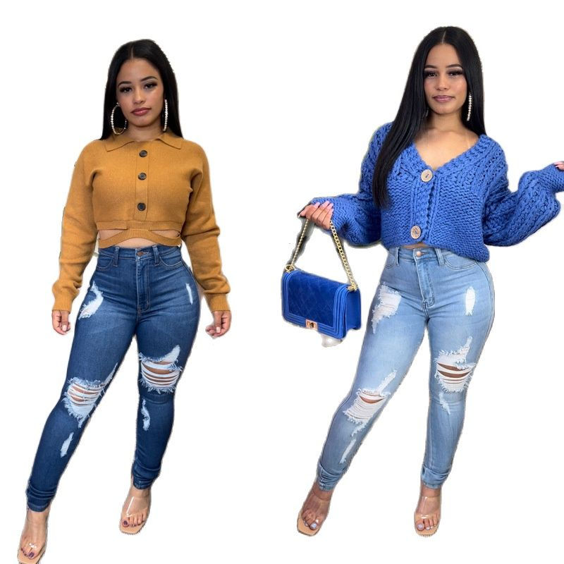Thumbnail: New High Waist Ripped Jeans For Women Fashion Slim High Stretch Denim Pencil Pa