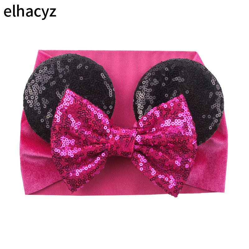 الصورة المصغرة: Classic Mouse Ears Velvet Head Wrap 5'' Sequins Bow Turban Girls Glitter Elasti