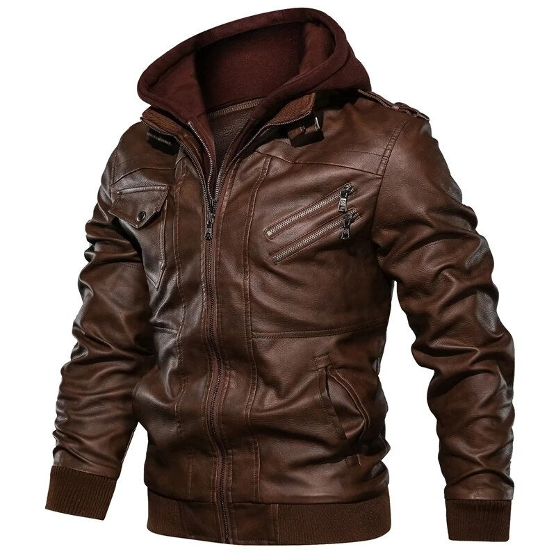 Thumbnail: Men's Autumn Winter Motorcycle Leather Hooded Baseball Jackets Plus Size 3XL